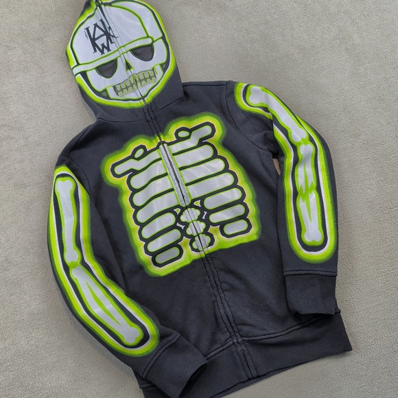 Tony Hawk Skeleton Hoodie Size S Kids Black Neon Green Skull Mask Streetwear — photo 2
